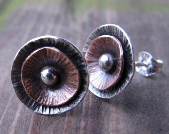 Sterling and Copper Poppy Studs