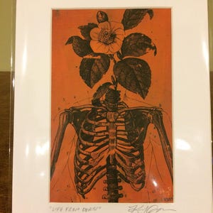 Life from Death Acrylic gel transfer skeleton flower life death splatter copper verde