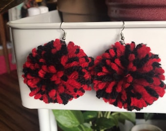 Black and Red UGA University of Georgia sports football Dangle PomPom Spirit Earrings for Game Day Tailgating