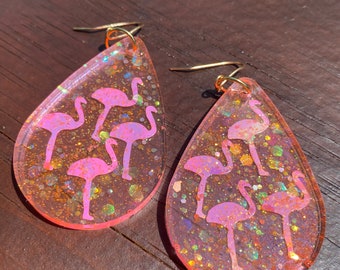 Confetti Flamingo Summer Pink Glitter Sparkle Epoxy Dangle Earrings