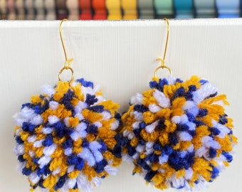 Georgia Southern Eagle Gold White Blue sports football Dangle PomPom Spirit Earrings for Game Day Tailgating