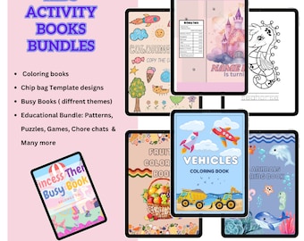 Könnte beinhalten: Eine Sammlung von druckbaren Aktivitätsbüchern für Kinder, darunter Malbücher, Beschäftigungsbücher und Bildungs-Bundles. Die Bücher haben Themen wie Früchte, Fahrzeuge, Tiere und mehr. Die Bücher werden auf Tablet-Bildschirmen mit bunten Illustrationen angezeigt.