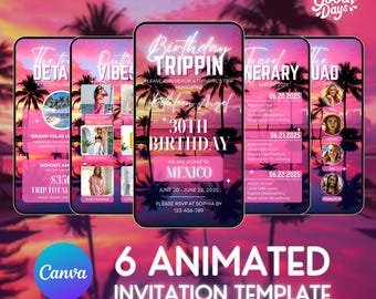 Birthday Invitation Template Canva, Digital Schedule, Birthday Invite, Editable Invitation Templates, Girl's Trip Beach, Birthday Weekend