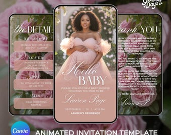 Floral Girl Baby Shower, Rose Baby Shower Invites, Baby Shower Canva Template, Baby Shower Digital Invite, Baby Shower Animated, Baby Girl