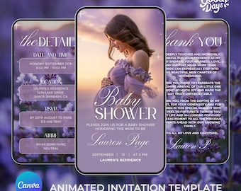 Lavender Baby Shower Invitation, Baby Shower Invitation Purple, Baby Shower Canva Template, Baby Shower Digital Invite, Baby Shower Videos