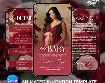 Rose Baby Shower Invites, Floral Girl Baby Shower, Baby Shower Canva Template, Baby Shower Digital Invite, Baby Shower Animated, Baby Girl