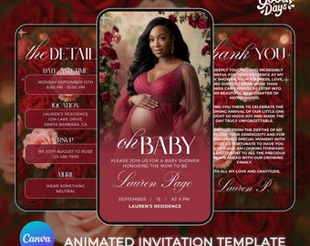 Floral Girl Baby Shower, Rose Baby Shower Invites, Baby Shower Canva Template, Baby Shower Digital Invite, Baby Shower Animated, Baby Girl