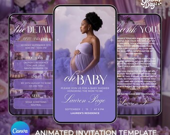 Baby Shower Animated, Baby Shower Invitation Purple, Baby Shower Canva Template, Baby Shower Digital Invite, Editable Baby Shower Invitation