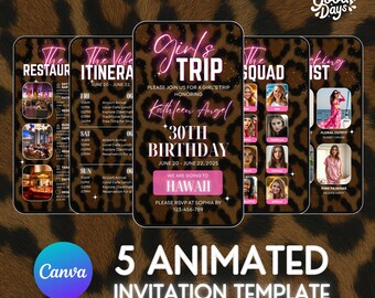 Girl's Trip, Vacation Holiday, Birthday Invitation Template Canva, Digital Schedule, Editable Invitation, Leopard Print, Weekend Itinerary