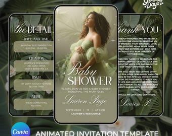 Baby Shower Invitation Greenery, Baby Shower Invites, Baby Shower Canva Template, Gender Neutral Baby Shower Invite, Baby Shower Animated