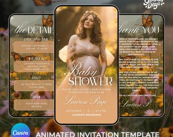 Baby Shower Invitation Forest, Butterflies Baby Shower Invitation, Baby Shower Invites, Baby Shower Canva Template, Baby Shower Animated
