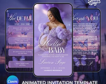 Butterflies Baby Shower Invitation, Baby Shower Invites, Baby Shower Canva Template, Baby Shower Invitation Purple, Baby Shower Animated