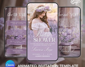 Floral Girl Baby Shower, Lavender Baby Shower, Baby Shower Canva Template, Baby Shower Digital Invite, Baby Shower Animated, Invite Purple