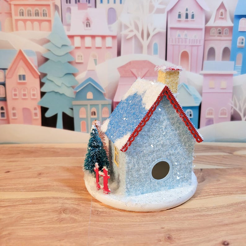 Putz MINI Blue Glitter House With Yellow Door and Red Trim, Christmas