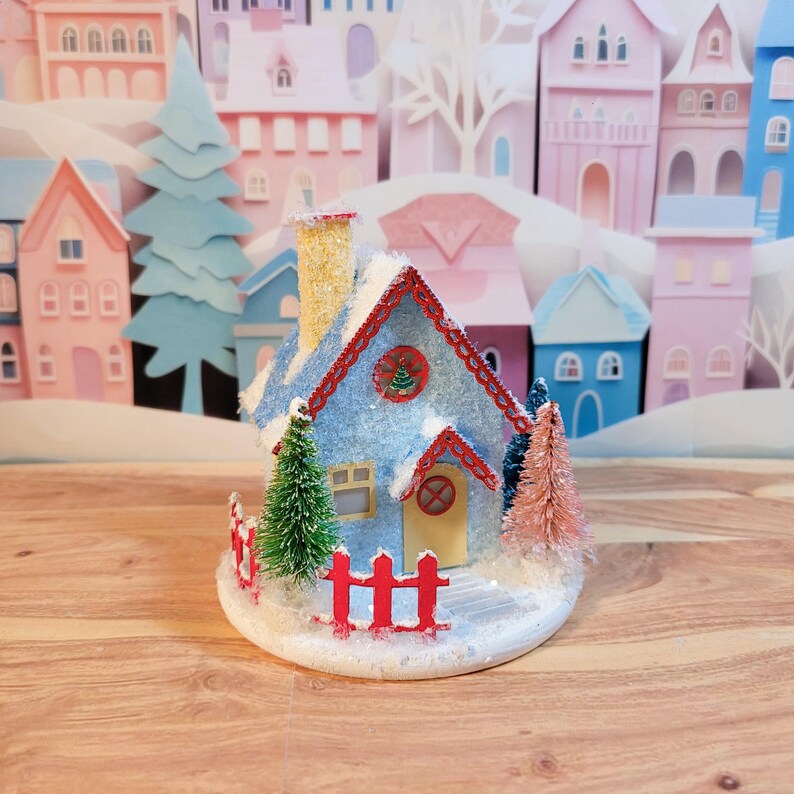 Putz MINI Blue Glitter House With Yellow Door and Red Trim, Christmas