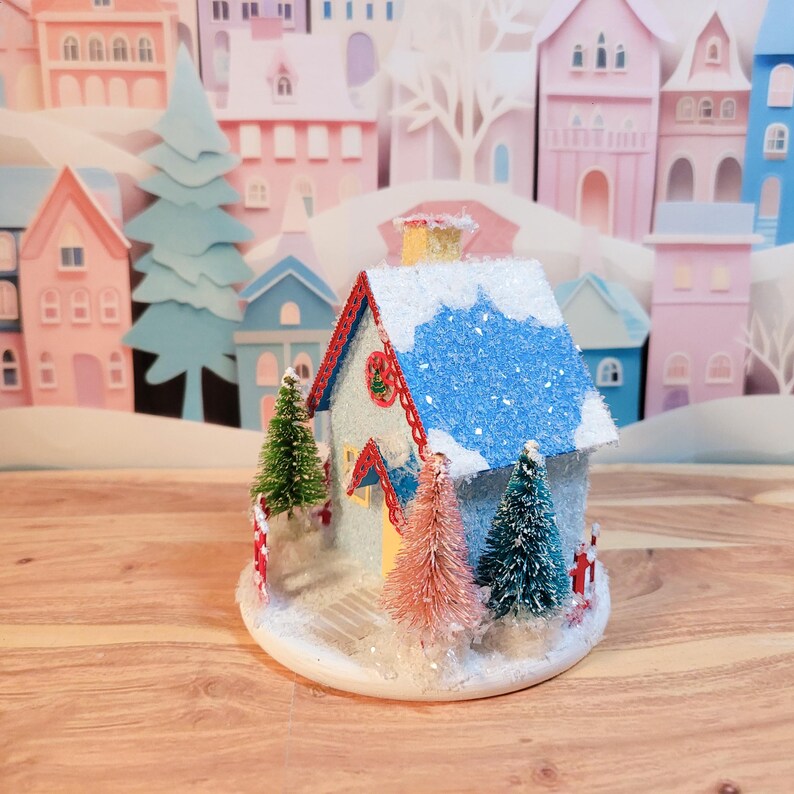 Putz MINI Blue Glitter House With Yellow Door and Red Trim, Christmas