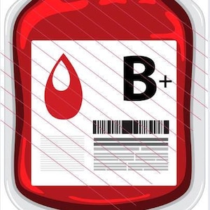 May include: A red blood bag with a white label that says "B+" and a red blood drop icon. The bag is transparent and has a white handle.