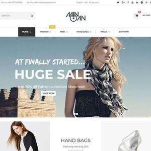 K&ouml;nnte beinhalten: Website-Homepage mit einem Banner, das eine Frau mit Schal zeigt. Der Bannertext lautet "AT FINALLY STARTED... HUGE SALE" mit einer Schaltfl&auml;che "Shop Now". Die Website-Navigation umfasst "HOME", "WOMEN", "MEN" und "HAND BAGS".