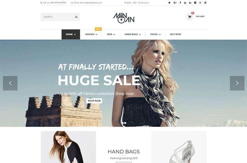 K&ouml;nnte beinhalten: Website-Homepage mit einem Banner, das eine Frau mit Schal zeigt. Der Bannertext lautet "AT FINALLY STARTED... HUGE SALE" mit einer Schaltfl&auml;che "Shop Now". Die Website-Navigation umfasst "HOME", "WOMEN", "MEN" und "HAND BAGS".