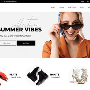 K&ouml;nnte beinhalten: Website-Homepage mit dem Namen "EONA" und dem Text "SUMMER VIBES". Die Seite zeigt Ballerinas, Stiefel und Sandalen. Eine Frau tr&auml;gt eine Sonnenbrille und l&auml;chelt. Die Website enth&auml;lt Schaltfl&auml;chen "view more" und "purchase".