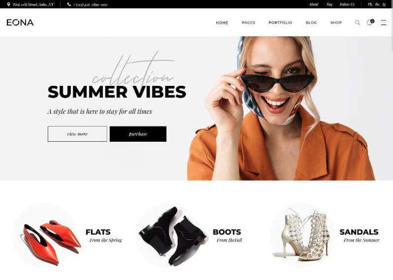 K&ouml;nnte beinhalten: Website-Homepage mit dem Namen "EONA" und dem Text "SUMMER VIBES". Die Seite zeigt Ballerinas, Stiefel und Sandalen. Eine Frau tr&auml;gt eine Sonnenbrille und l&auml;chelt. Die Website enth&auml;lt Schaltfl&auml;chen "view more" und "purchase".