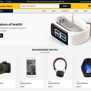 K&ouml;nnte beinhalten: Startseite einer Elektronik-Website. Gezeigt wird eine wei&szlig;e Smartwatch mit schwarzem Bildschirm, auf dem die Zahl 28 angezeigt wird. Darunter Produktempfehlungen, darunter eine Kamera, ein Smartphone, Kopfh&ouml;rer und eine Smartwatch.