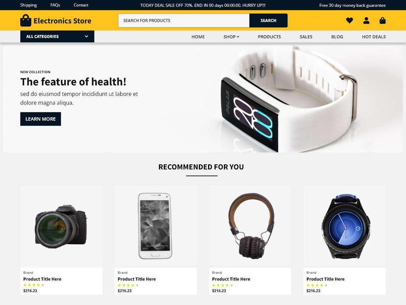 K&ouml;nnte beinhalten: Startseite einer Elektronik-Website. Gezeigt wird eine wei&szlig;e Smartwatch mit schwarzem Bildschirm, auf dem die Zahl 28 angezeigt wird. Darunter Produktempfehlungen, darunter eine Kamera, ein Smartphone, Kopfh&ouml;rer und eine Smartwatch.
