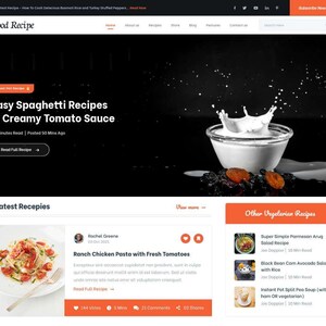 K&ouml;nnte beinhalten: Startseite eines Food-Rezept-Blogs. Die Kopfzeile enth&auml;lt den Text "Food Recipe". Das Hauptbild zeigt einen Milchspritzer in einer Sch&uuml;ssel mit dem Text "Easy Spaghetti Recipes In Creamy Tomato Sauce". Darunter befinden sich Rezeptvorschauen.