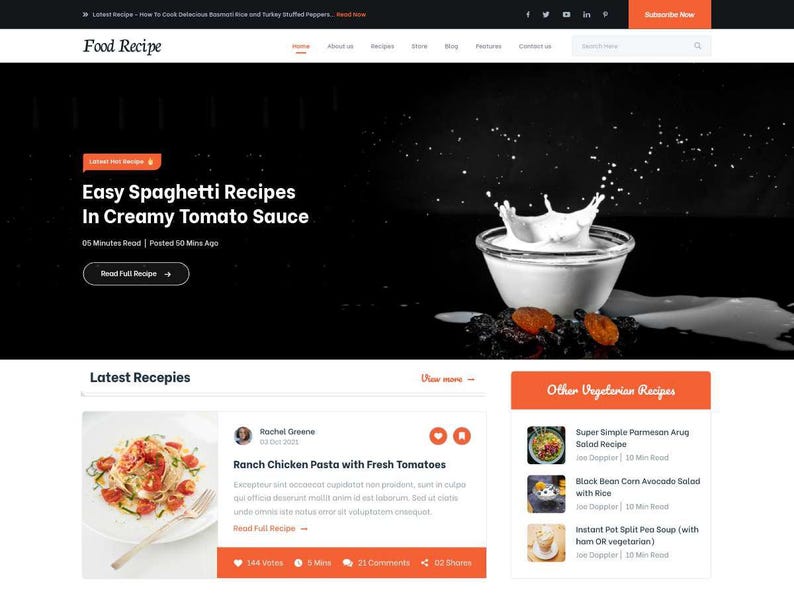 K&ouml;nnte beinhalten: Startseite eines Food-Rezept-Blogs. Die Kopfzeile enth&auml;lt den Text "Food Recipe". Das Hauptbild zeigt einen Milchspritzer in einer Sch&uuml;ssel mit dem Text "Easy Spaghetti Recipes In Creamy Tomato Sauce". Darunter befinden sich Rezeptvorschauen.