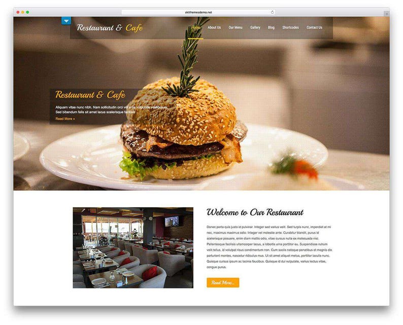 K&ouml;nnte beinhalten: Webdesign f&uuml;r ein Restaurant und Caf&eacute;, mit einem gro&szlig;en Burger mit Sesambr&ouml;tchen, Speck, Salat und Rosmarin. Die Website enth&auml;lt Bereiche f&uuml;r &Uuml;ber uns, Unsere Speisekarte, Galerie und Kontakt.