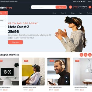 K&ouml;nnte beinhalten: Website-Homepage f&uuml;r einen Gadget-Shop. Die Seite zeigt eine Bannerwerbung f&uuml;r ein Meta Quest 2 VR-Headset mit 256 GB Speicher. Darunter Produktlisten, darunter ein Computermonitor, ein VR-Headset, Kopfh&ouml;rer und eine Lampe.