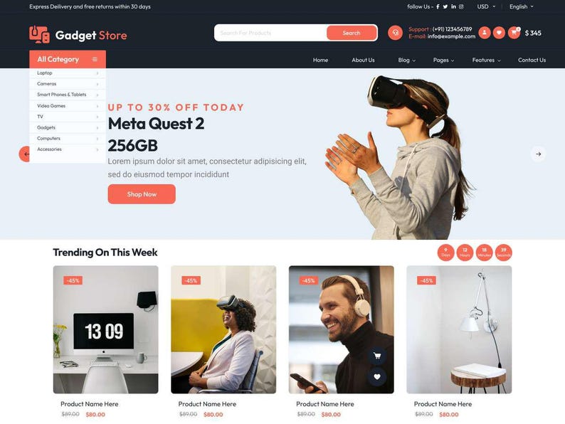 K&ouml;nnte beinhalten: Website-Homepage f&uuml;r einen Gadget-Shop. Die Seite zeigt eine Bannerwerbung f&uuml;r ein Meta Quest 2 VR-Headset mit 256 GB Speicher. Darunter Produktlisten, darunter ein Computermonitor, ein VR-Headset, Kopfh&ouml;rer und eine Lampe.