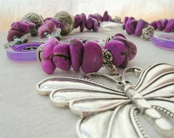 Purple Magnesite Necklace with Large Butterfly pendant and Hematite Fairies