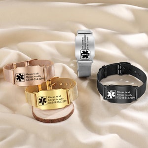 Angepasstes medizinisches Alarmarmband - Edelstahl-Medizin-ID-Armband - verstellbares Notfallarmband - ideal für Diabetes, Allergien usw.