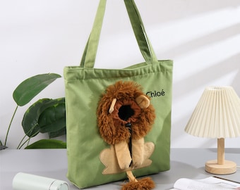 Personalized Pet Handbags-Customized Pet Embroidery Canvas Bags-Dog or Cat Handbags-Lion-Shaped Pet Shoulder Bags-Large Capacity Storage Bag