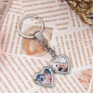 Llavero con foto personalizado, llavero con foto con medallón de corazón personalizado, llavero conmemorativo, llavero grabado, regalo de aniversario, regalo para ella o para él, caja gratis