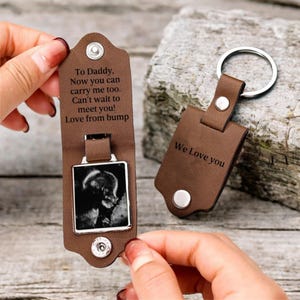 Porte-clés personnalisé à ultrasons, porte-clés pour homme avec photo, porte-clés en cuir gravé, cadeau d'anniversaire pour papa, cadeau futur papa pour mari