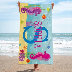 Toalla de playa personalizada para niños, toalla de playa de dibujos animados con nombre personalizado, toalla de playa de animales del océano, toalla de piscina, regalo de equipo, regalo de vacaciones para niños