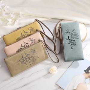 Personalized Women's Wallet,Custom Birth Flower Wallet,Genuine Leather Zipper Women Wallet,Christmas Gift for Mom,Christmas Gifts for Women