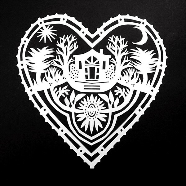 Cottage in the Wood - Hand Cut Hanging Kirigami Heart