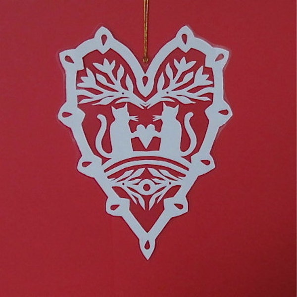 Kitty Love - Hand cut hanging kirigami heart