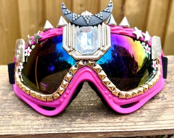 Gafas con adornos rosas, pasamontañas para mujer, gafas antipolvo para festivales, gafas antipolvo con decoración original