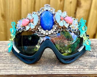 Bunt verzierte Brille, Damen Skibrille, Festival Dust Eyewear, Einzigartige Augenmaske