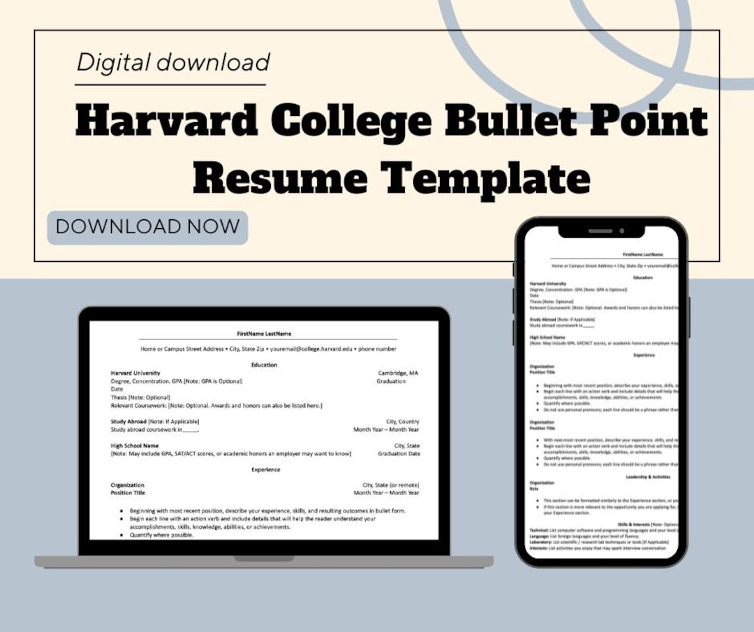 Harvard College Bullet Point Resume Template Etsy
