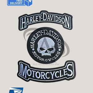 Harley Davidson G William Skull And Top Bottom Rockers Patch Set Black Iron On Sew On Ship From USA Motorcycle Jackets Vest Patches
