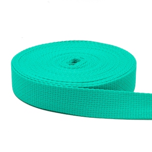 May include: A roll of turquoise blue webbing, a type of strong, woven fabric often used for straps, belts, and other applications.