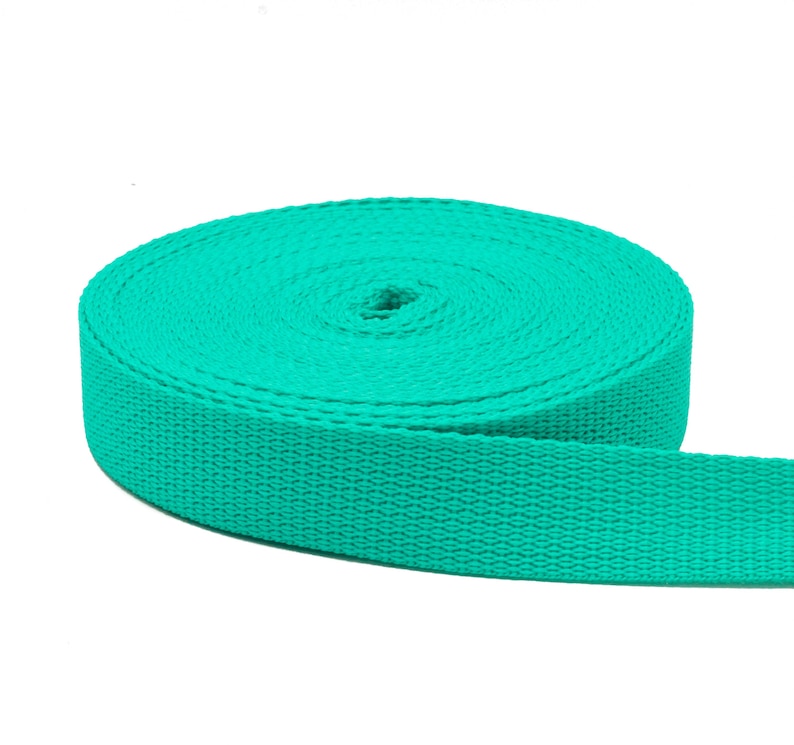 May include: A roll of turquoise blue webbing, a type of strong, woven fabric often used for straps, belts, and other applications.
