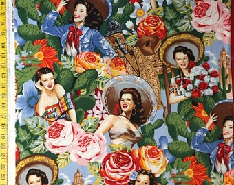 Las Señoritas Bright Alexander Henry Fabric Spanish Mexican Pinup  ( Yard or Half Yard )