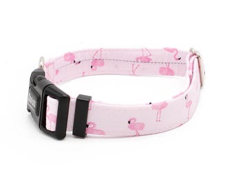 Pink Flamingos Dog Collar 1" - 2" Widths tropical palm trees birds