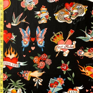 True Love Alexander Henry Fabric - Tattoo, Doves, Flowers, Tigers, Hearts ( Yard or Half Yard )